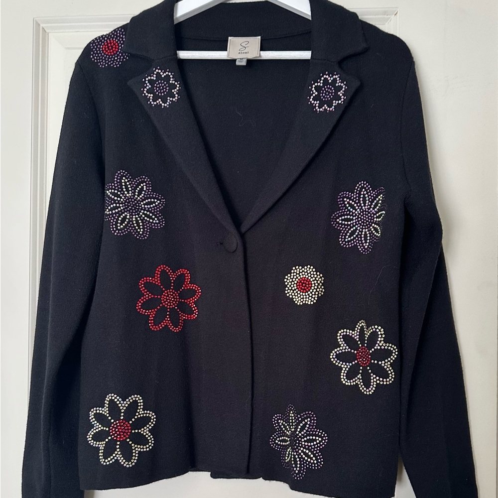 Sioni Black Cardigan with Floral Accents